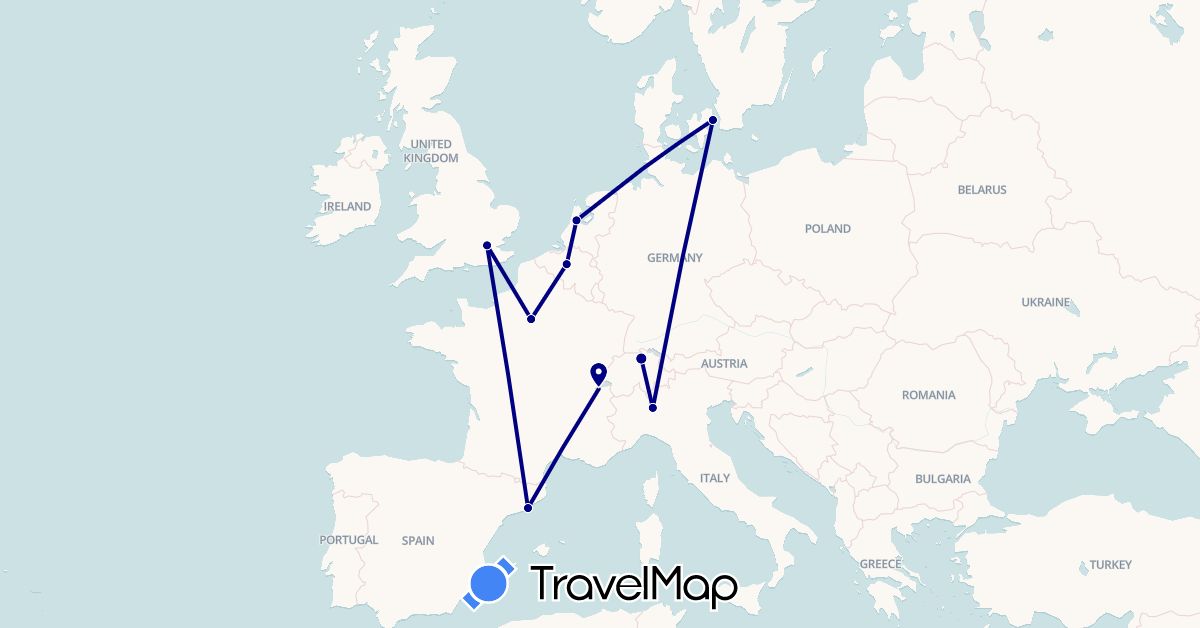 TravelMap itinerary: driving in Belgium, Switzerland, Denmark, Spain, France, United Kingdom, Italy, Netherlands (Europe)
